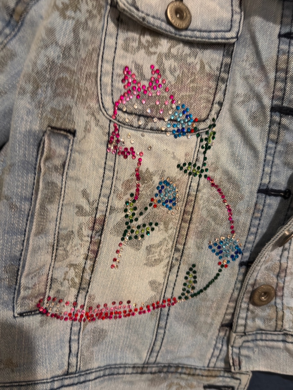 Short Sleeve Floral Jean Jacket. Front Cat Crystal rhinestone image. Handmade